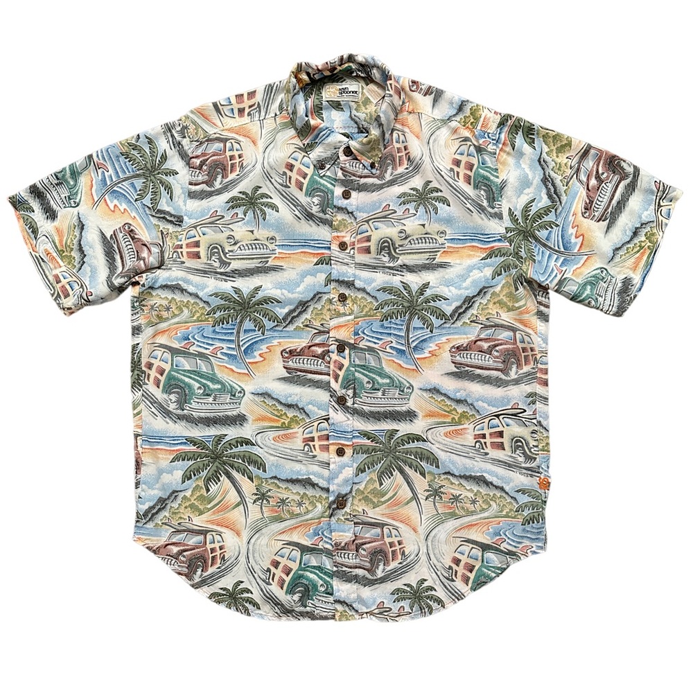 Reyn Spooner Shirt Mens Size L Short Sleeve Hawaiian Eddy Y Car Print Spun Rayon